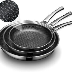 SNOWCLAD Non Stick Frying Pans Set Hybrid Pan Set (8"+10"+12") Stainless Steel